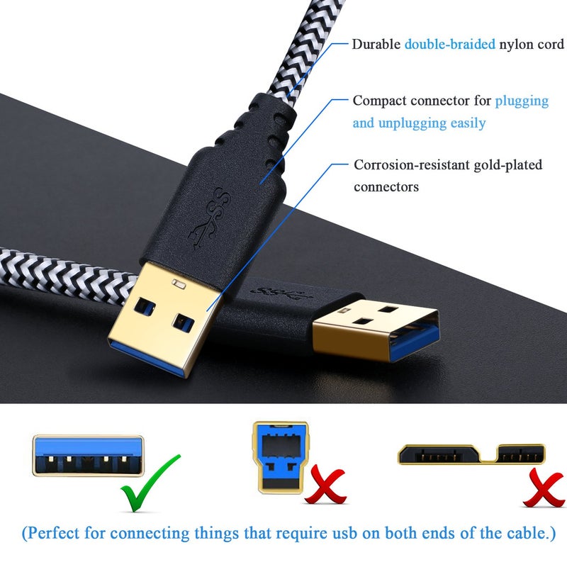 Besgoods Male to Male USB 3.0 Cable, 2-Pack 3FT/1M Short Braided USB Type A to A Cable Cord for Data Transfer, DVD Player, Laptop Cooler and More, White - Image 2